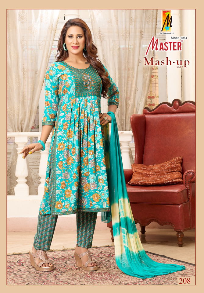 Mash Up Vol 2 By Master Naira Cut Rayon Printed Kurti With Bottom Dupatta Wholesale Online
